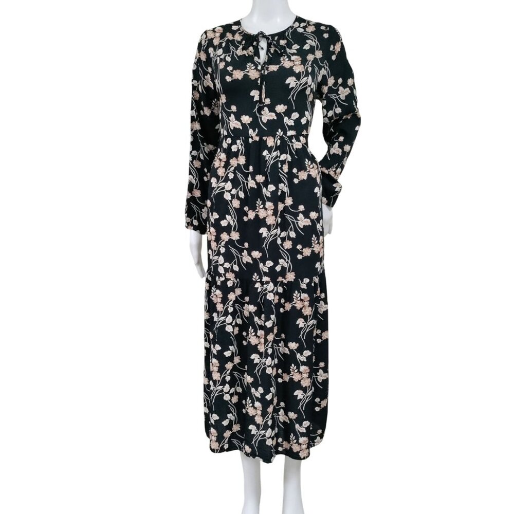 Porter Grey Long Sleeve Pleated Floral Whimsy Prairie Midi Sundress Black/Pink M - Picture 2 of 11